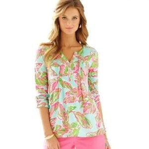 Lilly Pulitzer Dorothy Pleated Henley Longer Length Top 3/4 Sleeve XS